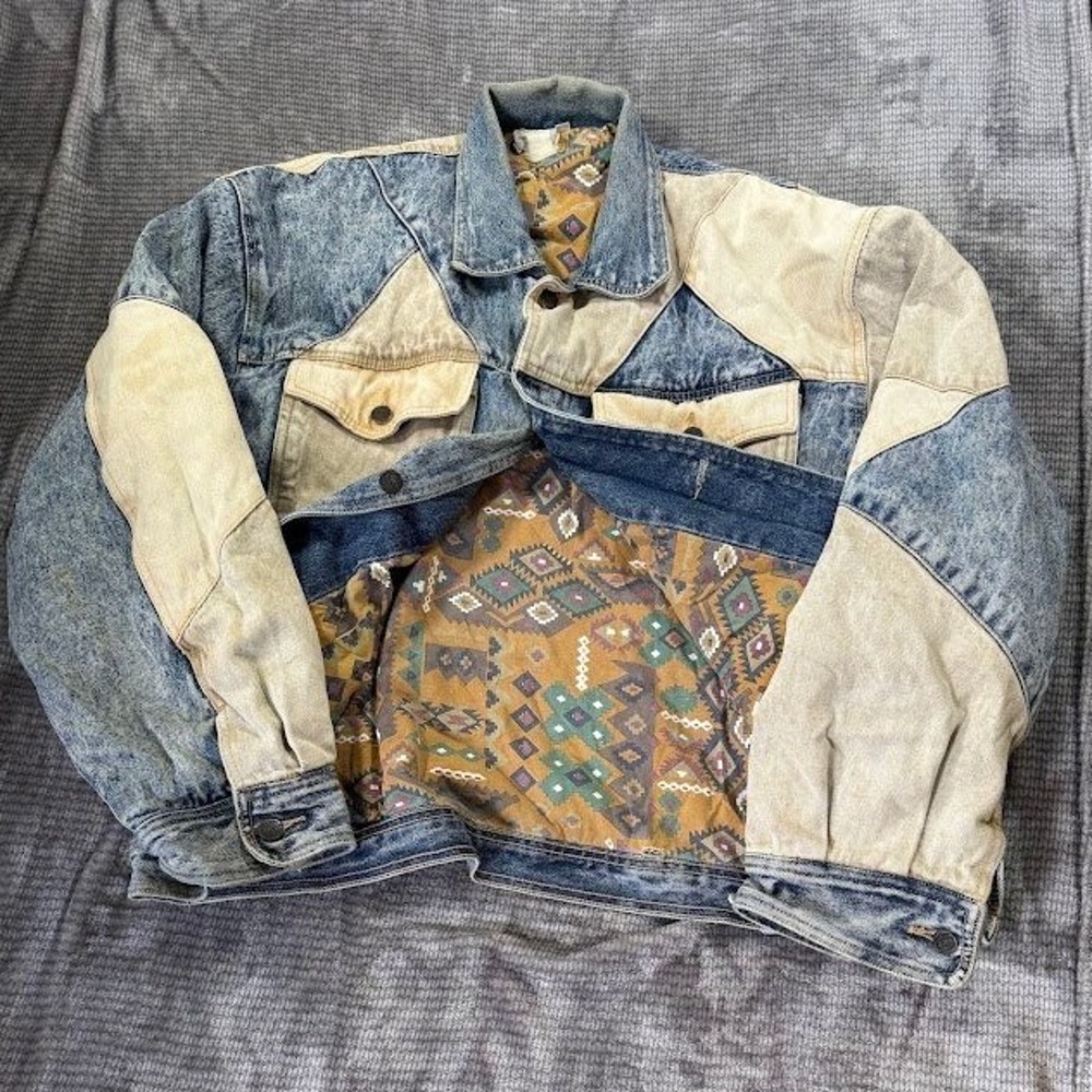 Vintage Paco Denim Jacket Two Tone Acid Wash Colorblock Southwestern Lined L